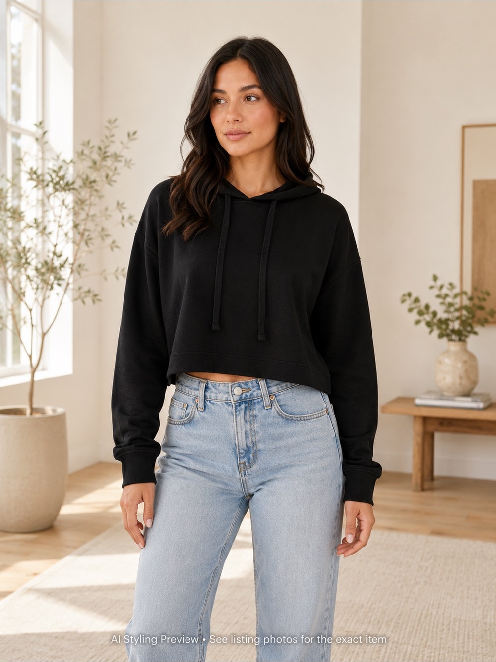Z Supply M Fits L XL Black Cropped Hoodie Oversized Lounge Pullover
